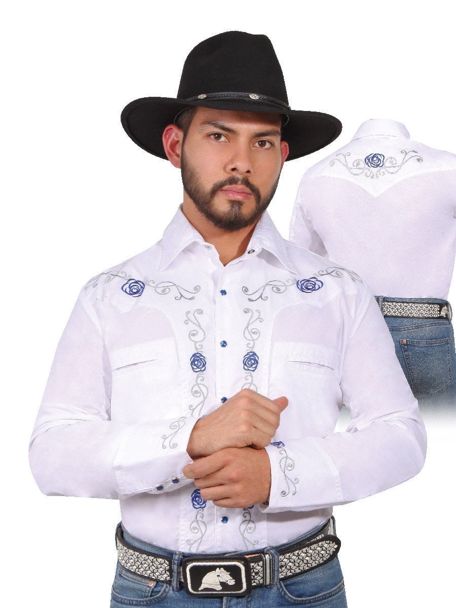 Camisa Vaquera Bordada Manga Larga Para Hombre 'El Señor Cielos' * BLANCO-42938*