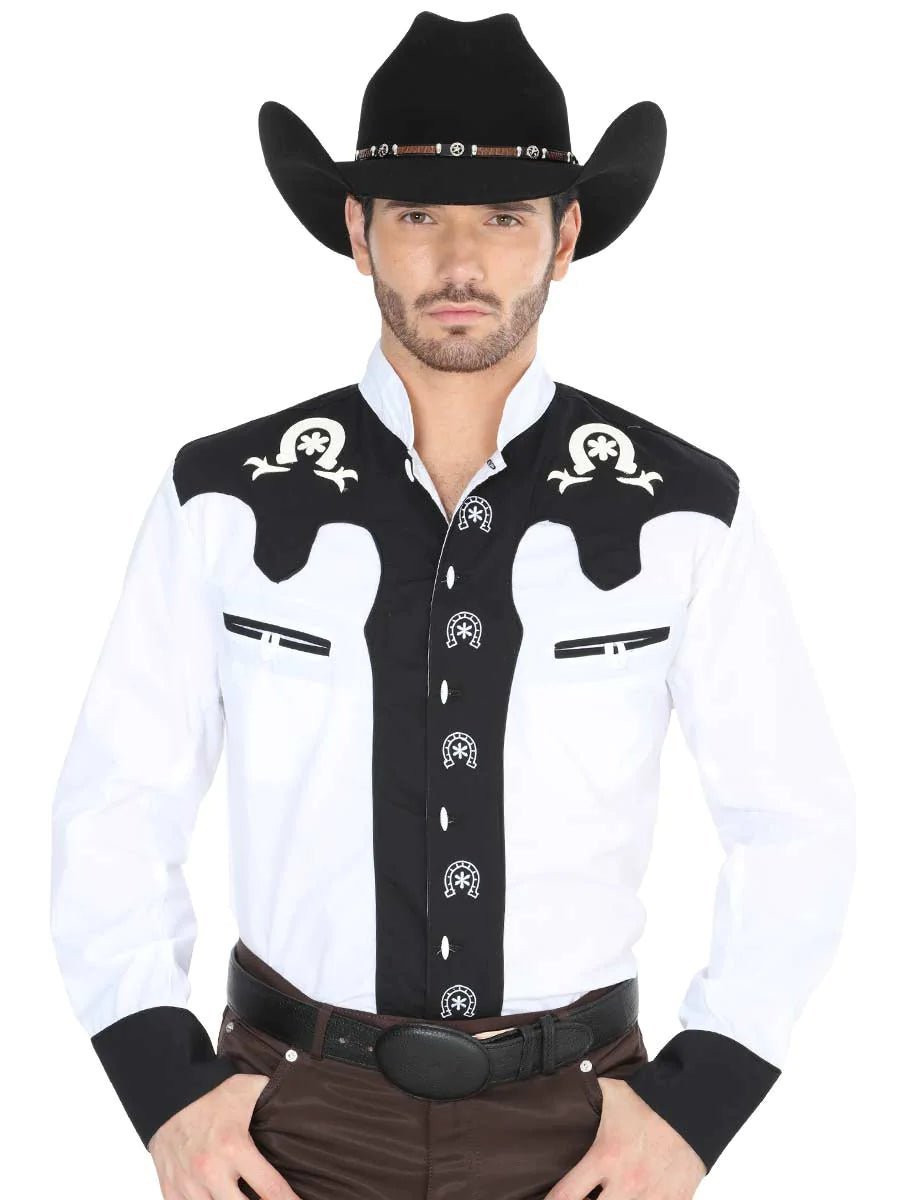 Camisa Vaquera Bordada Larga para Hombre 'El *Blanco/Negro-35187* - BELLEZA'S