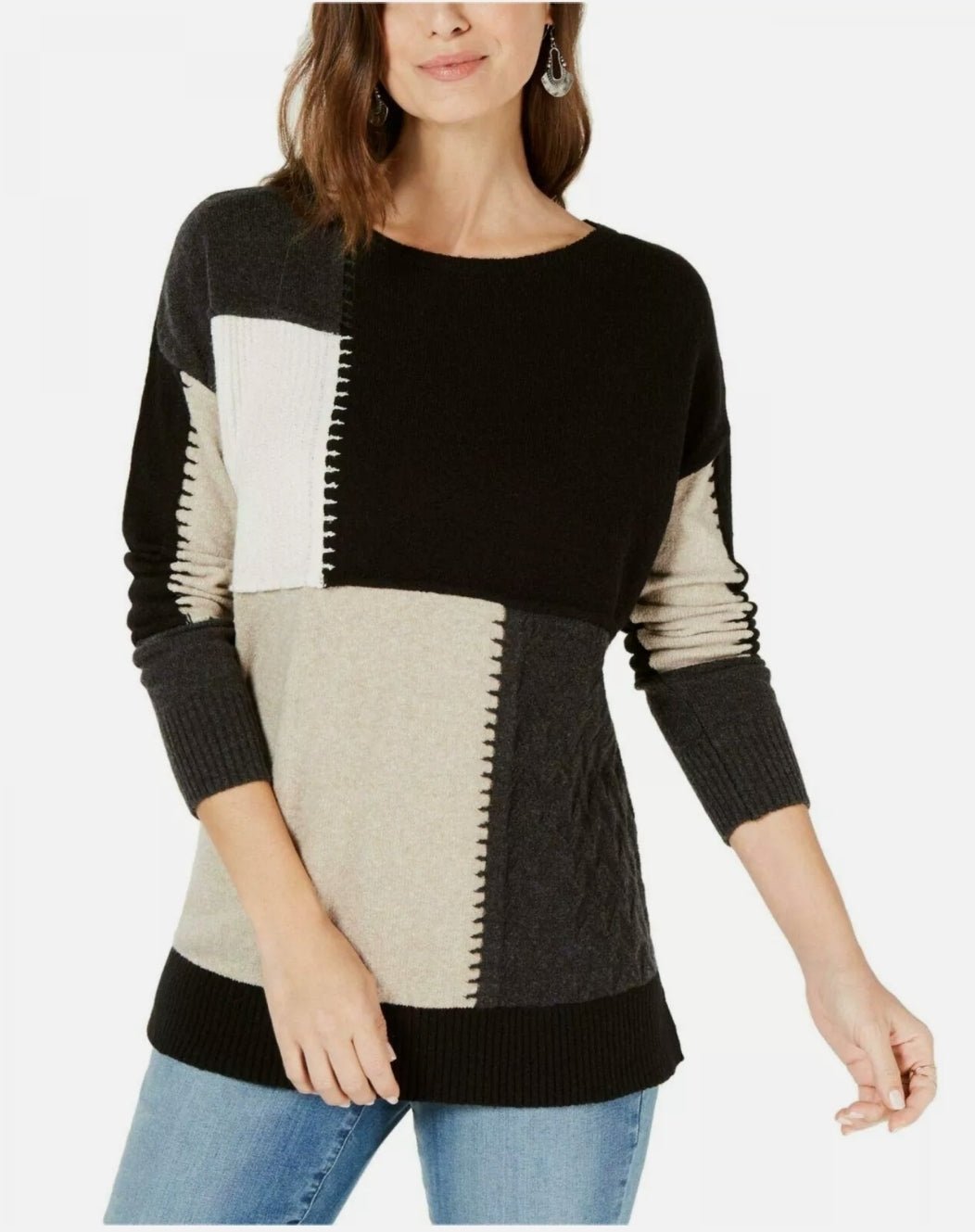 STYLE & CO. Long Sleeve Sweater Size Large Black Tan Ivory Combo Retail  $59.50
