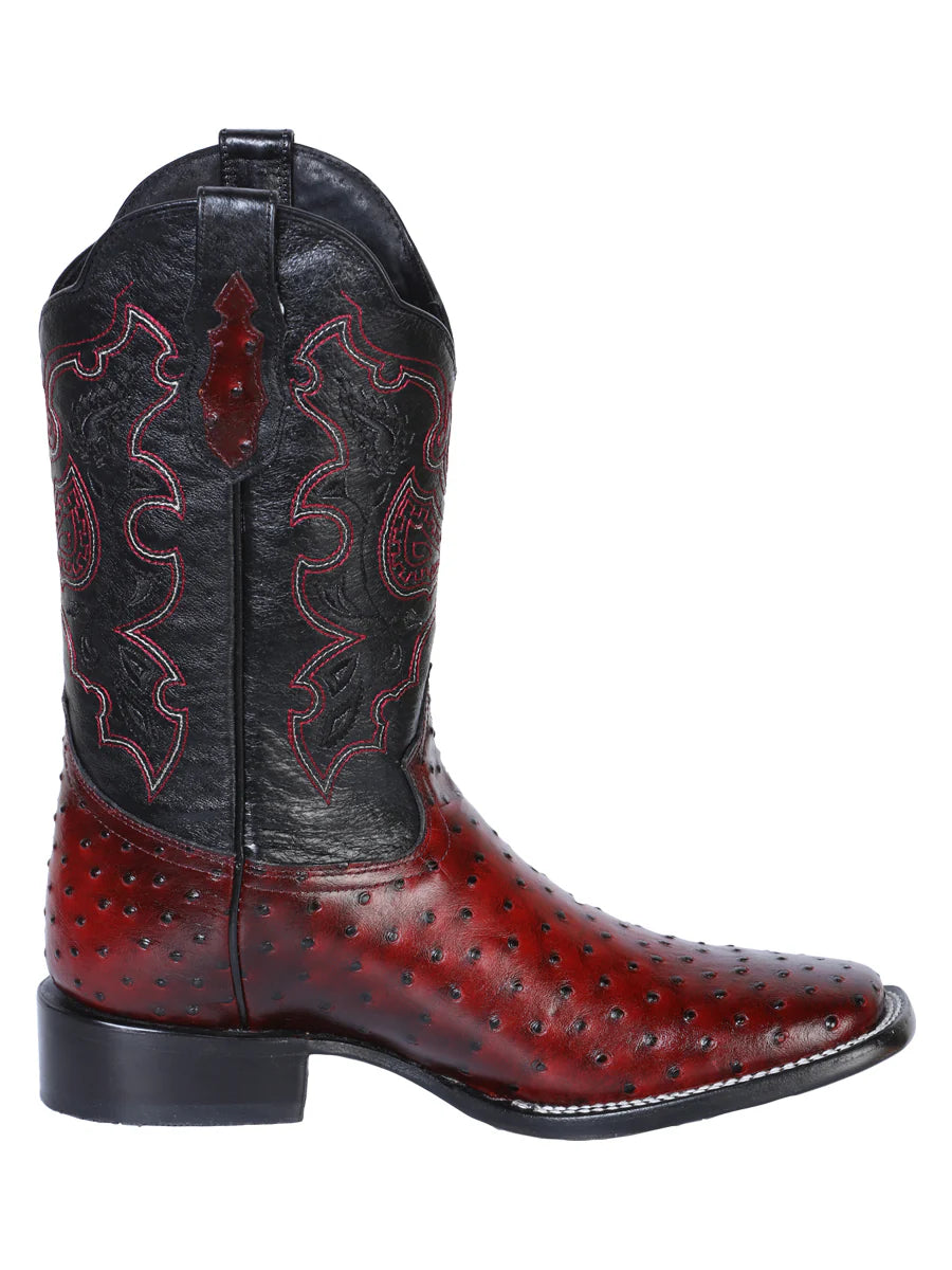 Men's Ostrich Print Cow Leather Western Cowboy Boots 'El General' Cherry Color 41901