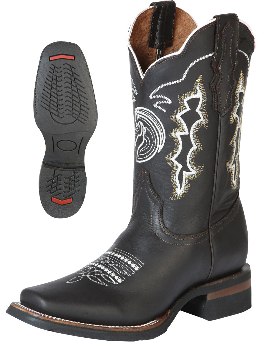 Botas Vaqueras Rodeo con Diseño Bordado Piel Genuina para Hombre 'El General' *CHOCO-51114* 