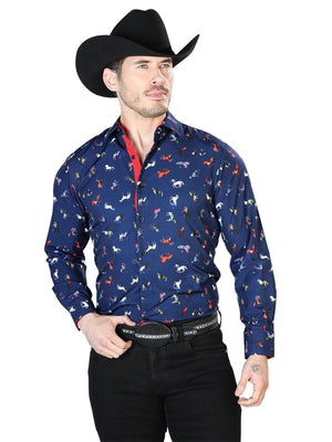 Blue Horse Printed Long Sleeve Denim Shirt for Men 'El Senor de los Cielos' *BLUE-43715* - BELLEZA'S - Blue Horse Printed Long Sleeve Denim Shirt for Men 'El Senor de los Cielos' *BLUE-43715* - Camisas Para Hombres - 43715 S