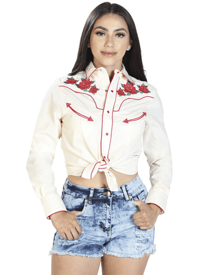 Floral Embroidered Long Sleeve Denim Women Shirt 'El Señor de los Cielos' *BEIGE - 42962* - BELLEZA'S - Floral Embroidered Long Sleeve Denim Women Shirt 'El Señor de los Cielos' *BEIGE - 42962* - Women's Shirt - 42962