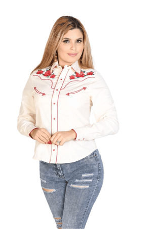 Floral Embroidered Long Sleeve Denim Women Shirt 'El Señor de los Cielos' *BEIGE - 42962* - BELLEZA'S - Floral Embroidered Long Sleeve Denim Women Shirt 'El Señor de los Cielos' *BEIGE - 42962* - Women's Shirt - 42962