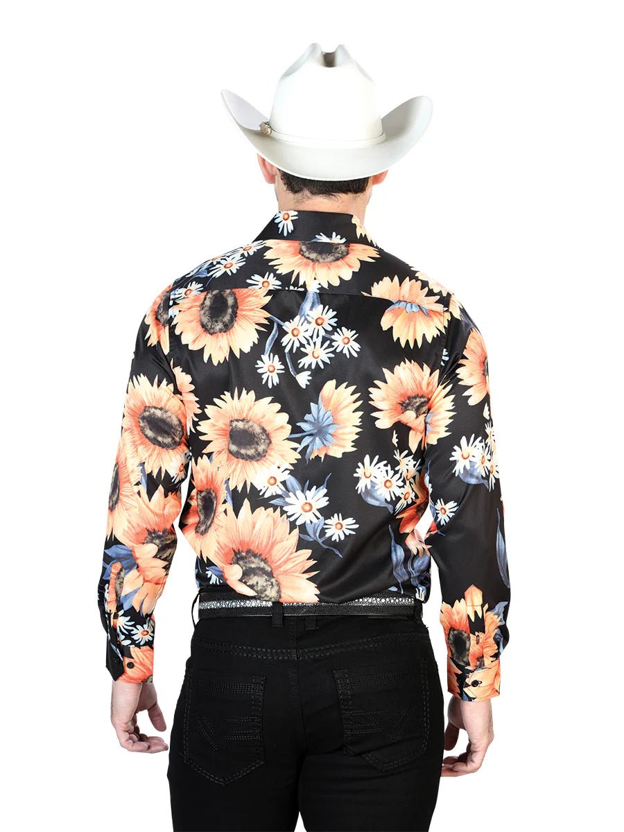 Men's Black/Sunflowers Floral Print Long Sleeve Shirt 'El Señor de los Cielos' 43671 - BELLEZA'S - Men's Black/Sunflowers Floral Print Long Sleeve Shirt 'El Señor de los Cielos' 43671 - Mens Shirt - 43671 S