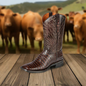 Men's Caiman Belly Print Cow Leather Western Cowboy Rodeo Boots 'El General' *COFFE-44672* - BELLEZA'S - Men's Caiman Belly Print Cow Leather Western Cowboy Rodeo Boots 'El General' *COFFE-44672* - Bota Para Hombre -