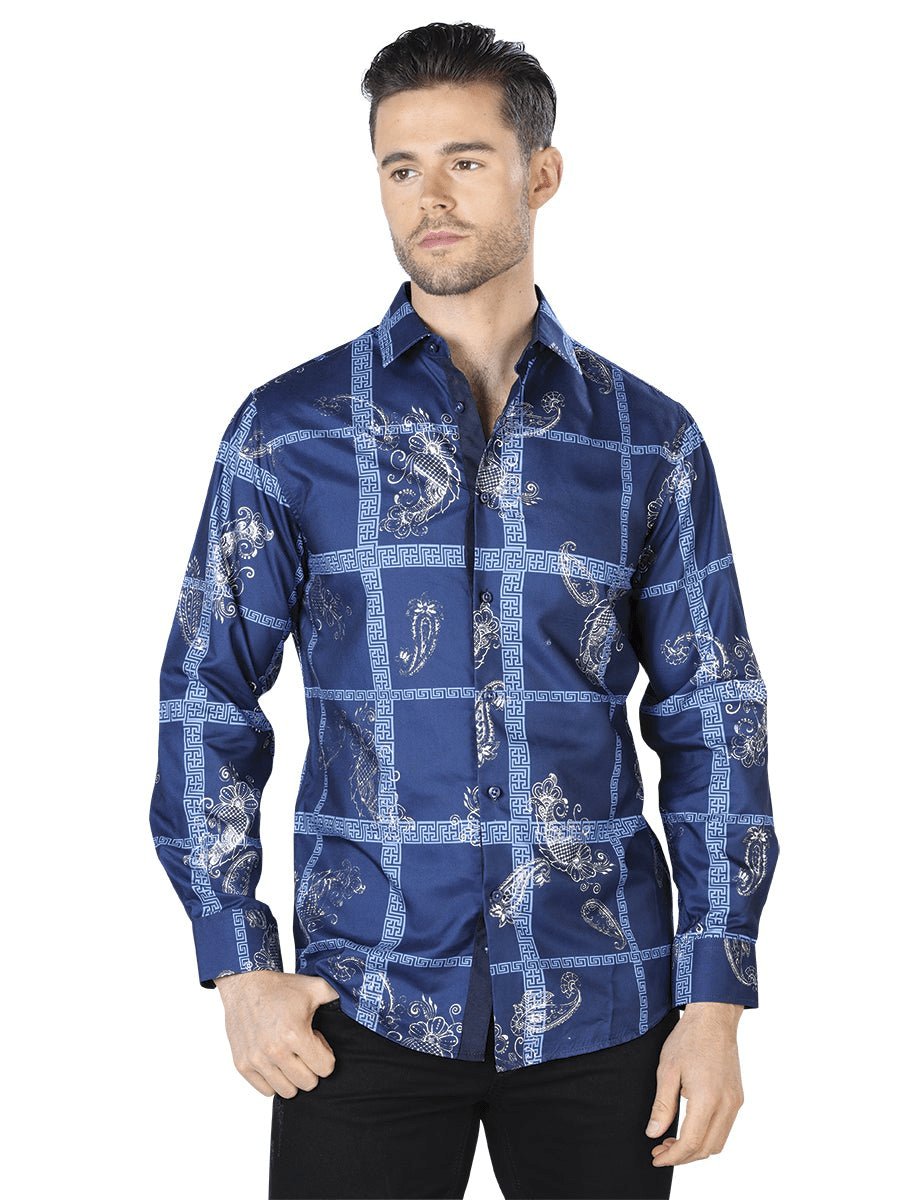 Men's Navy/Silver Print Long Sleeve Casual Shirt 'El Señor de los Cielos' 44026 - BELLEZA'S - Men's Navy/Silver Print Long Sleeve Casual Shirt 'El Señor de los Cielos' 44026 - Mens Shirt - 44026 S