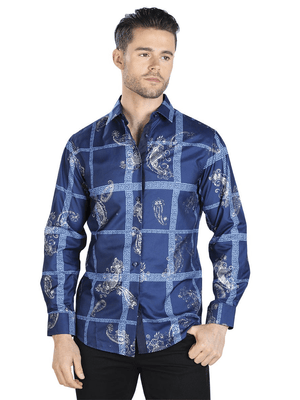 Men's Navy/Silver Print Long Sleeve Casual Shirt 'El Señor de los Cielos' 44026 - BELLEZA'S - Men's Navy/Silver Print Long Sleeve Casual Shirt 'El Señor de los Cielos' 44026 - Mens Shirt - 44026 S