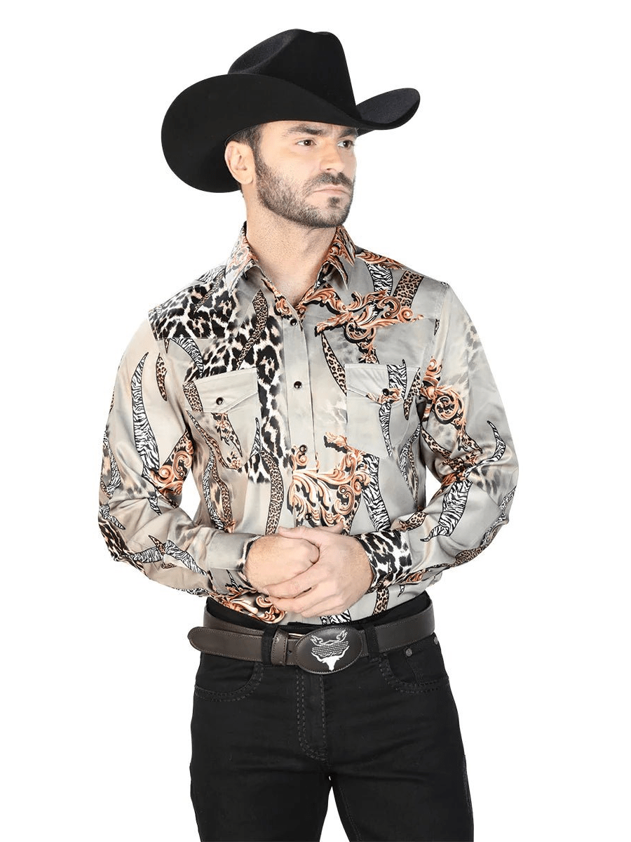 Men's Taupe Print Long Sleeve Western Shirt 'El Señor de los Cielos' 44102 - BELLEZA'S - Men's Taupe Print Long Sleeve Western Shirt 'El Señor de los Cielos' 44102 - Mens Shirt - 44102 S