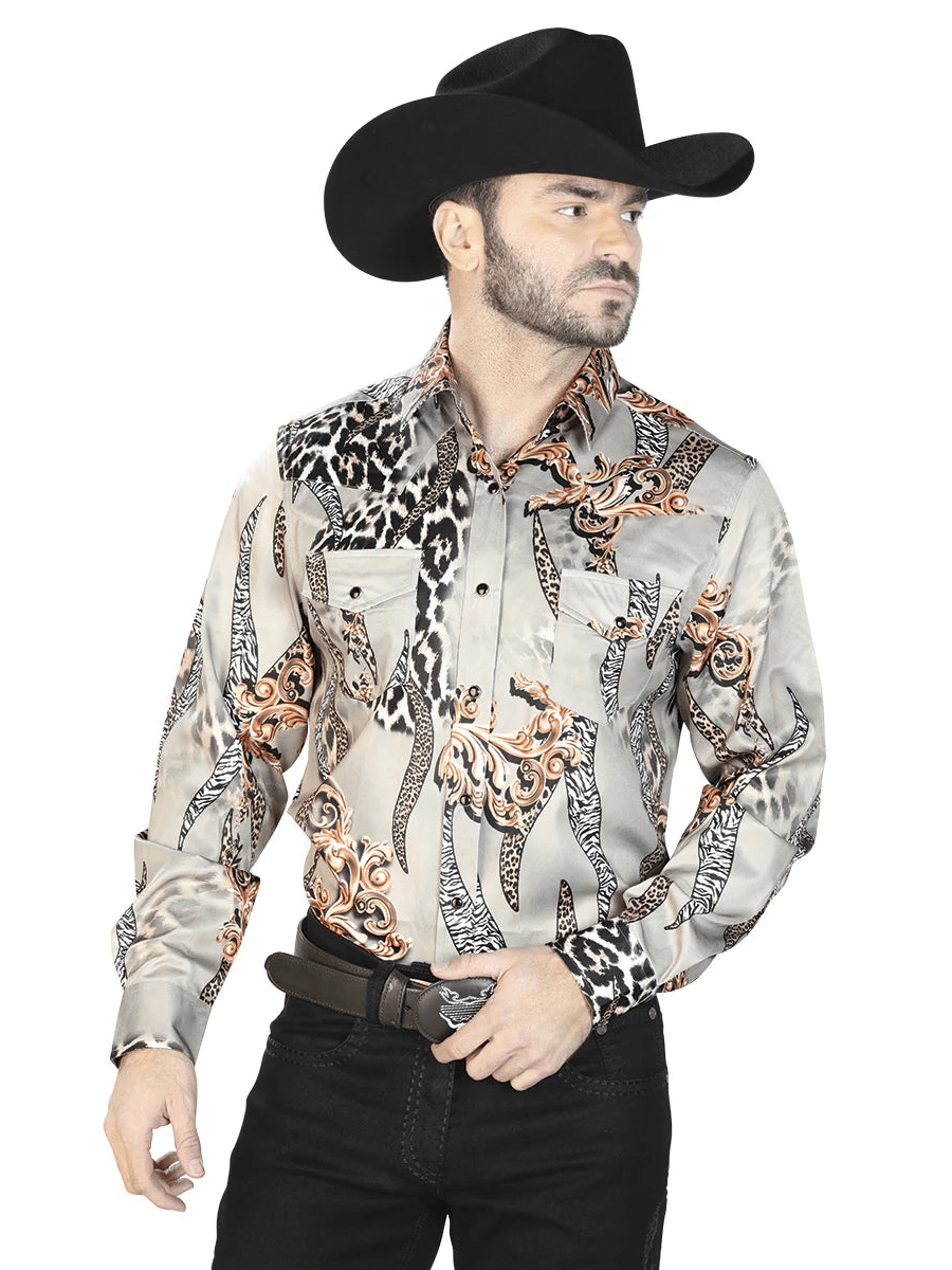 Men's Taupe Print Long Sleeve Western Shirt 'El Señor de los Cielos' 44102 - BELLEZA'S - Men's Taupe Print Long Sleeve Western Shirt 'El Señor de los Cielos' 44102 - Mens Shirt - 44102 S