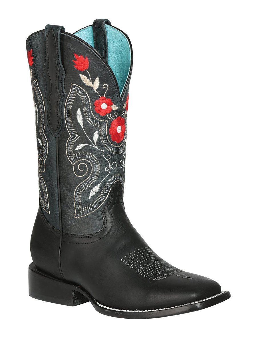 Rodeo Cowboy Boots Genuine Leather Flower Embroidered Tube For Women 'El General' *Black-125366* - BELLEZA'S - Rodeo Cowboy Boots Genuine Leather Flower Embroidered Tube For Women 'El General' *Black-125366* - Botas Para Damas - 125366 5