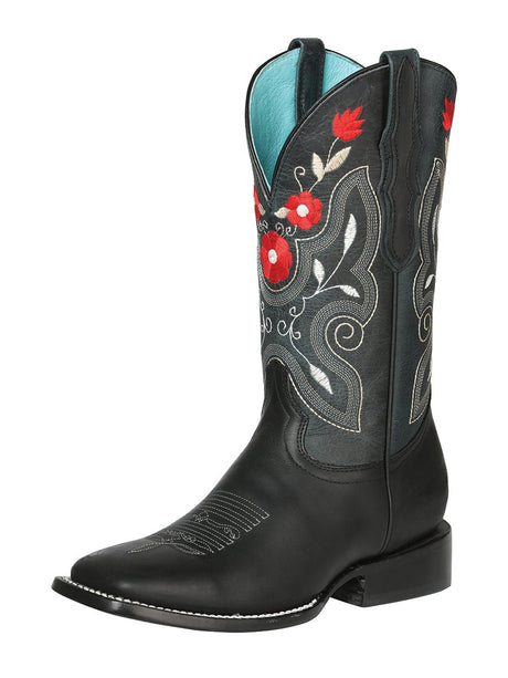 Rodeo Cowboy Boots Genuine Leather Flower Embroidered Tube For Women 'El General' *Black-125366* - BELLEZA'S - Rodeo Cowboy Boots Genuine Leather Flower Embroidered Tube For Women 'El General' *Black-125366* - Botas Para Damas - 125366 5