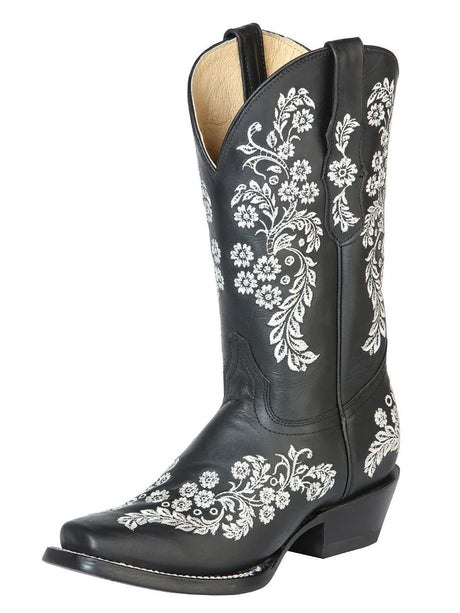 Rodeo Cowboy Boots Genuine Leather Flower Embroidered Tube For Women 'El General' *Black-51236* - BELLEZA'S - Rodeo Cowboy Boots Genuine Leather Flower Embroidered Tube For Women 'El General' *Black-51236* - Botas Para Damas - 51236 5