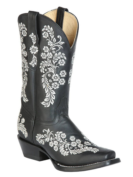 Rodeo Cowboy Boots Genuine Leather Flower Embroidered Tube For Women 'El General' *Black-51236* - BELLEZA'S - Rodeo Cowboy Boots Genuine Leather Flower Embroidered Tube For Women 'El General' *Black-51236* - Botas Para Damas - 51236 5