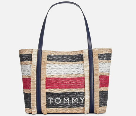 Tommy Hilfiger Large Piper Straw Tote Multi Stripe Red White Blue Tan New - BELLEZA'S - Tommy Hilfiger Large Piper Straw Tote Multi Stripe Red White Blue Tan New - Handbags - 51343