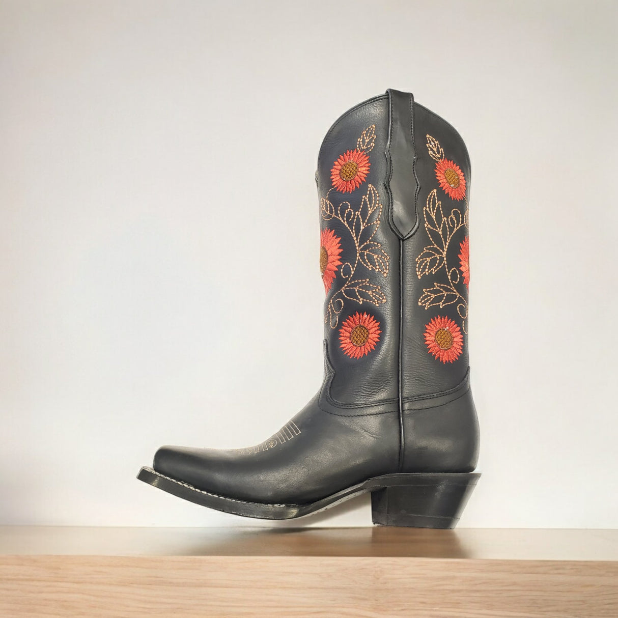 Women's Genuine Leather Flower Embroidered Tube Rodeo Cowboy Boots 'El General' *BLACK-51163* - BELLEZA'S - Women's Genuine Leather Flower Embroidered Tube Rodeo Cowboy Boots 'El General' *BLACK-51163* - Botas Para Damas - 51163 5