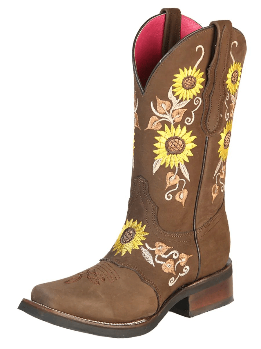 Women's Nubuck Leather Rodeo Cowgirl Boots with Sunflower Embroidered 'El General' Coffee color 51148 - BELLEZA'S - Women's Nubuck Leather Rodeo Cowgirl Boots with Sunflower Embroidered 'El General' Coffee color 51148 - Women's Boots - 51148 5