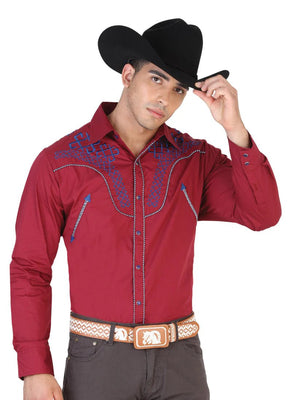 Camisa Vaquera Bordada Manga Larga para Hombre 'El Señor de los Cielos' *Burgandy-42475* - BELLEZA'S - Camisa Vaquera Bordada Manga Larga para Hombre 'El Señor de los Cielos' *Burgandy-42475* - Camisas Para Hombres - 42475