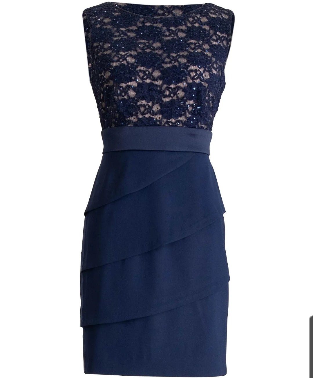 Connected Apparel Women s Lace Top Tiered Sheath Dress Navy Nude 8