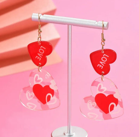 Romantic Drop Earrings Double Heart Shape Wooden & Acrylic Pendant Hook Earrings Valentine's Day Clothing Accessories - BELLEZA'S - Romantic Drop Earrings Double Heart Shape Wooden & Acrylic Pendant Hook Earrings Valentine's Day Clothing Accessories - Valentine's Day - 04007